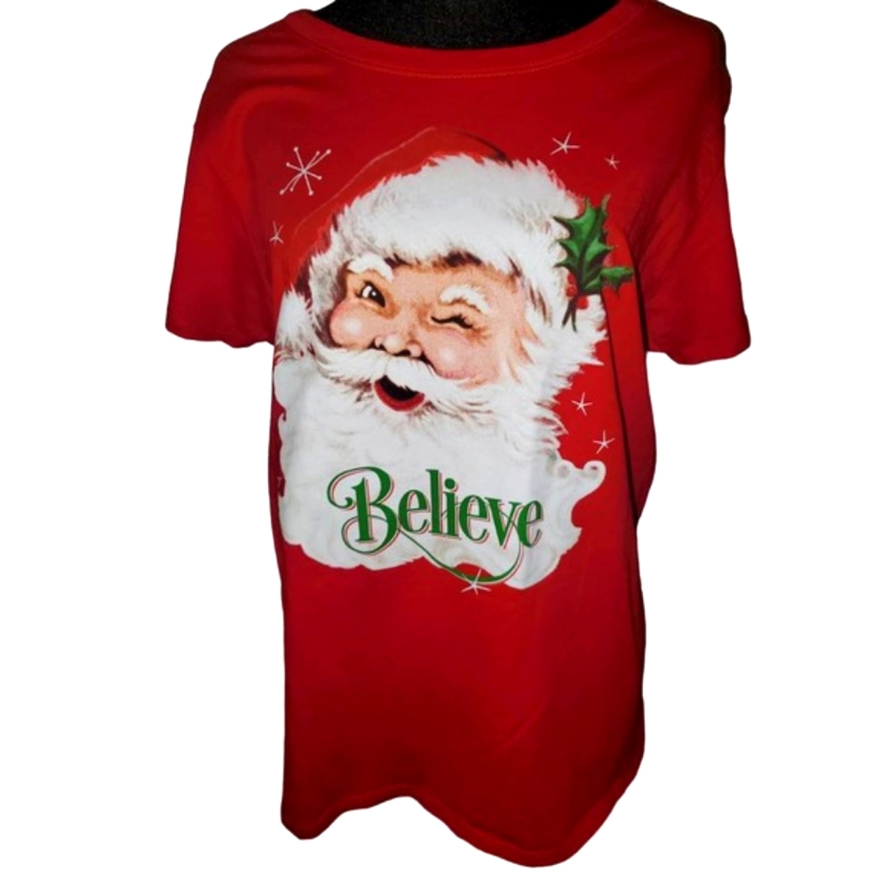 Christmas "Believe" Short Sleeve Top with Jolly Santa Graphic XL 16/18